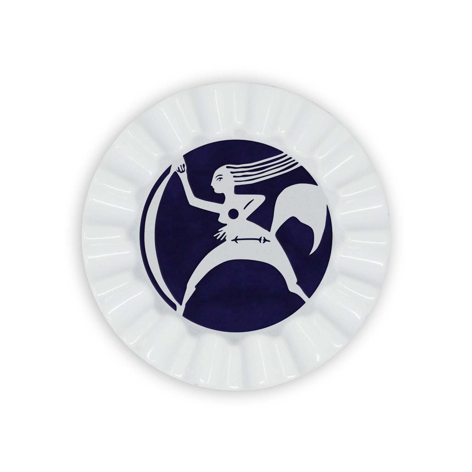 A white porcelain valet trays painted in navy blue a sagittarius sign of the zodiac.