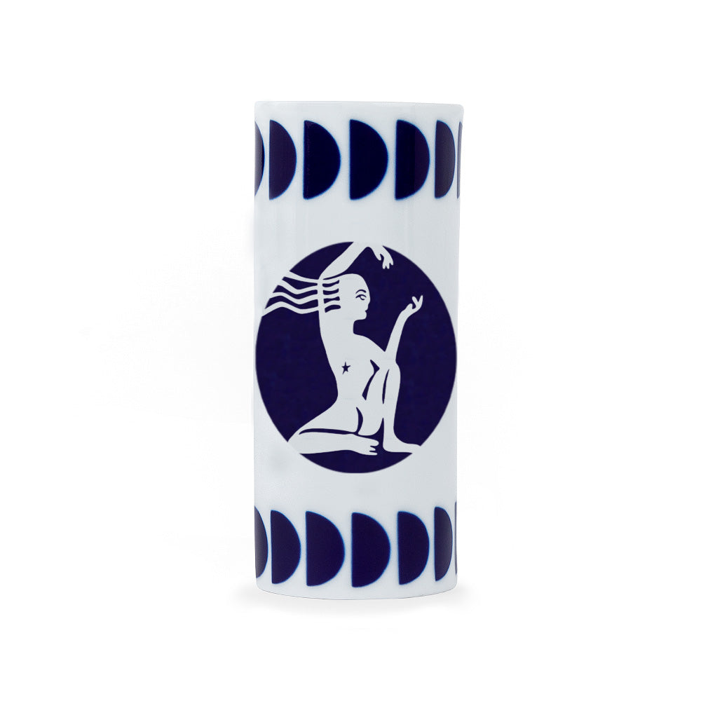 A white porcelain pencil holder with a navy blue zodiac scorpio sign design, crafted in Spain.