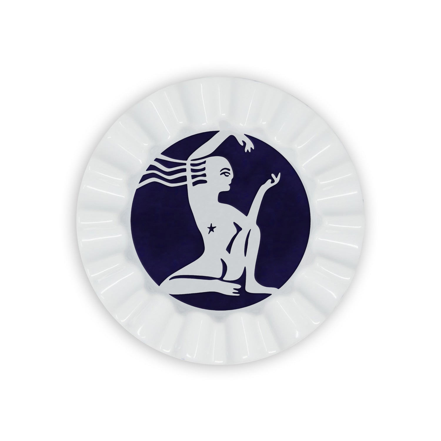 A white porcelain valet trays painted in navy blue a scorpio sign of the zodiac.
