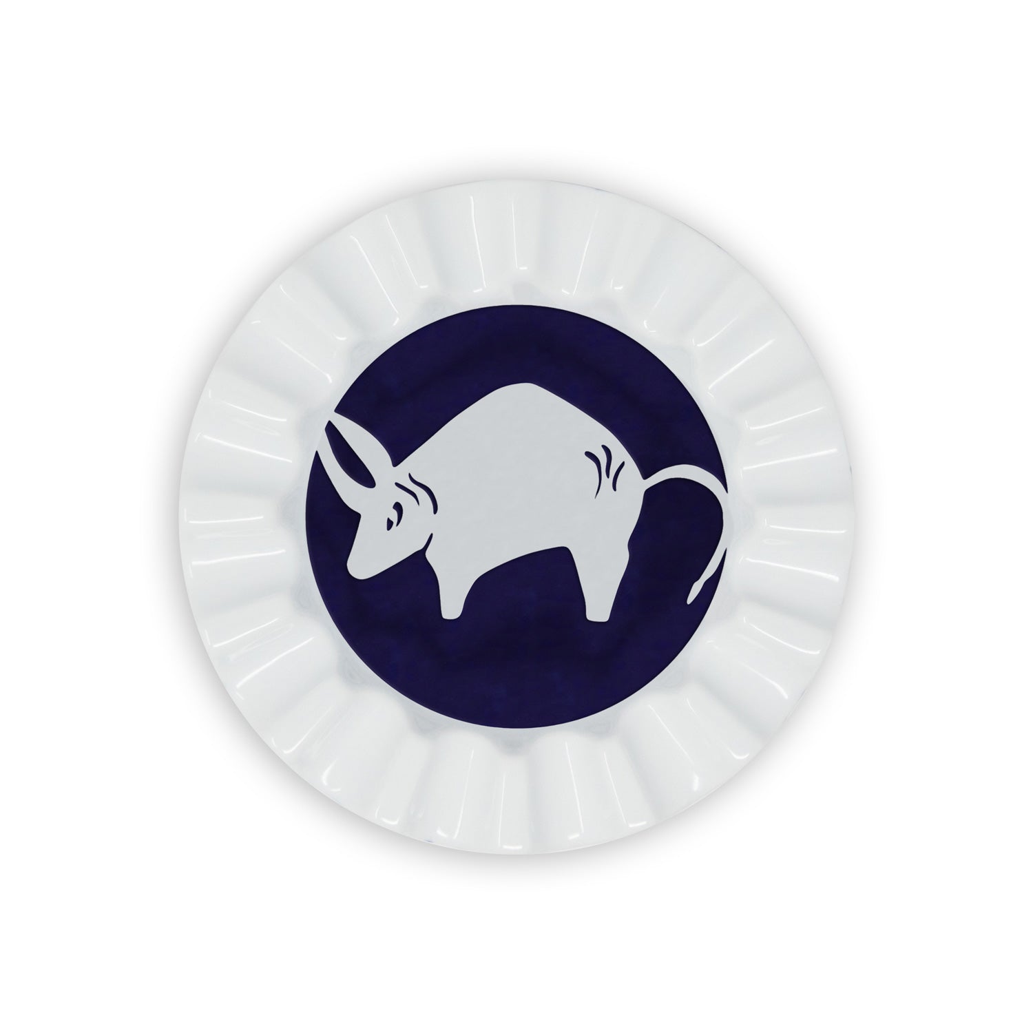 A white porcelain valet trays painted in navy blue a taurus sign of the zodiac.