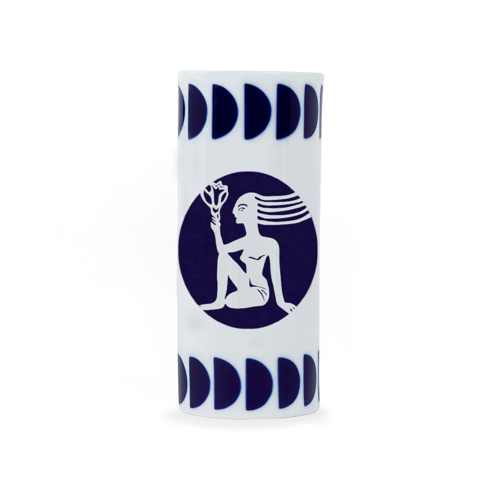 A white porcelain pencil holder with a navy blue zodiac virgo sign design, crafted in Spain.