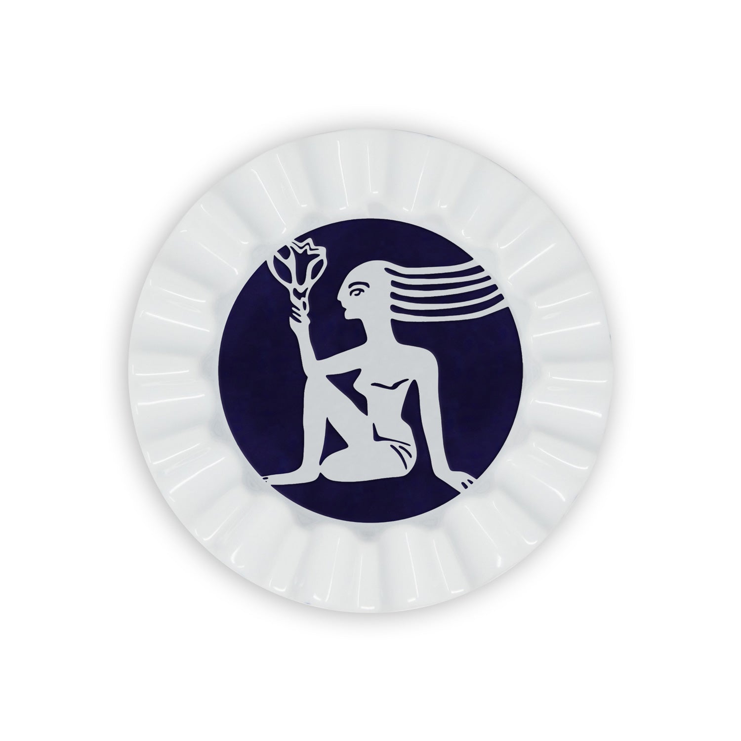 A white porcelain valet trays painted in navy blue a virgo sign of the zodiac.
