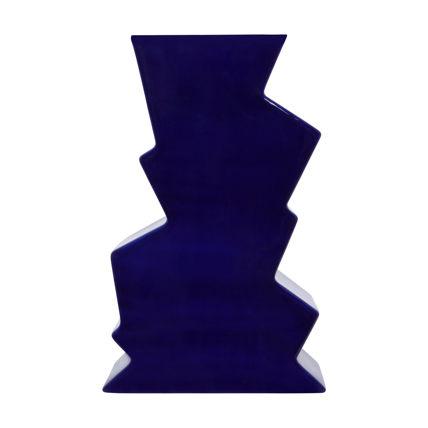 A navy porcelain vase in a zigzag shape.