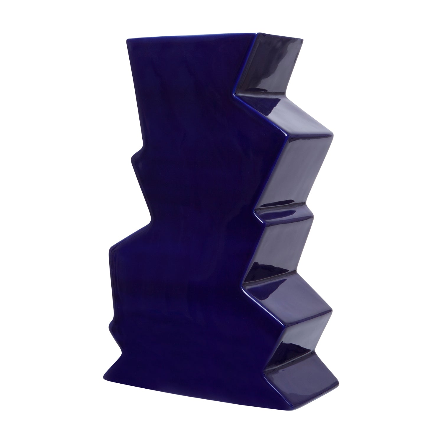 A navy porcelain vase in a zigzag shape.