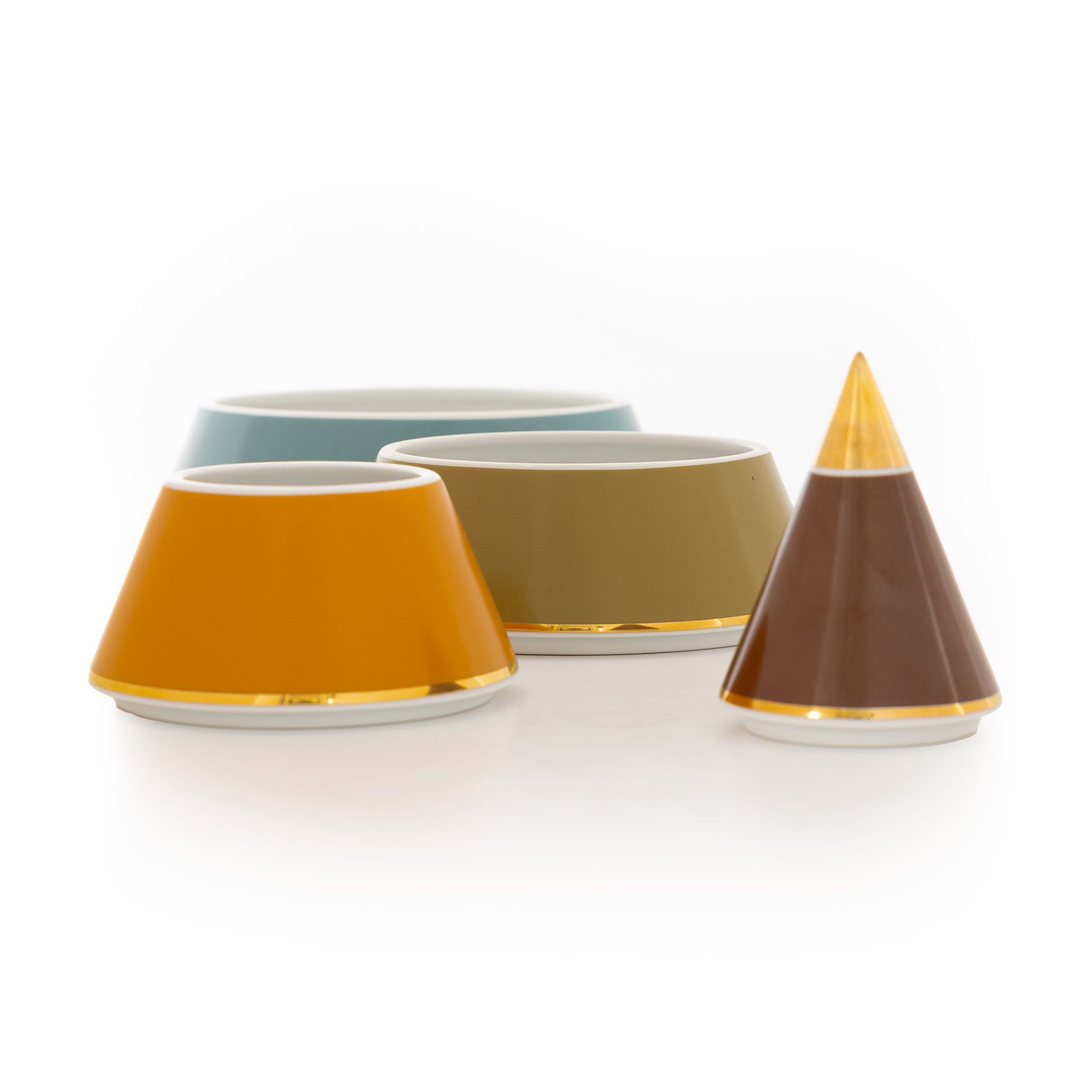 A multicoloured porcelain jewellery pyramid with gold-plated details, featuring layers of brown, green, blue and mustard yellow separated into different blocks.