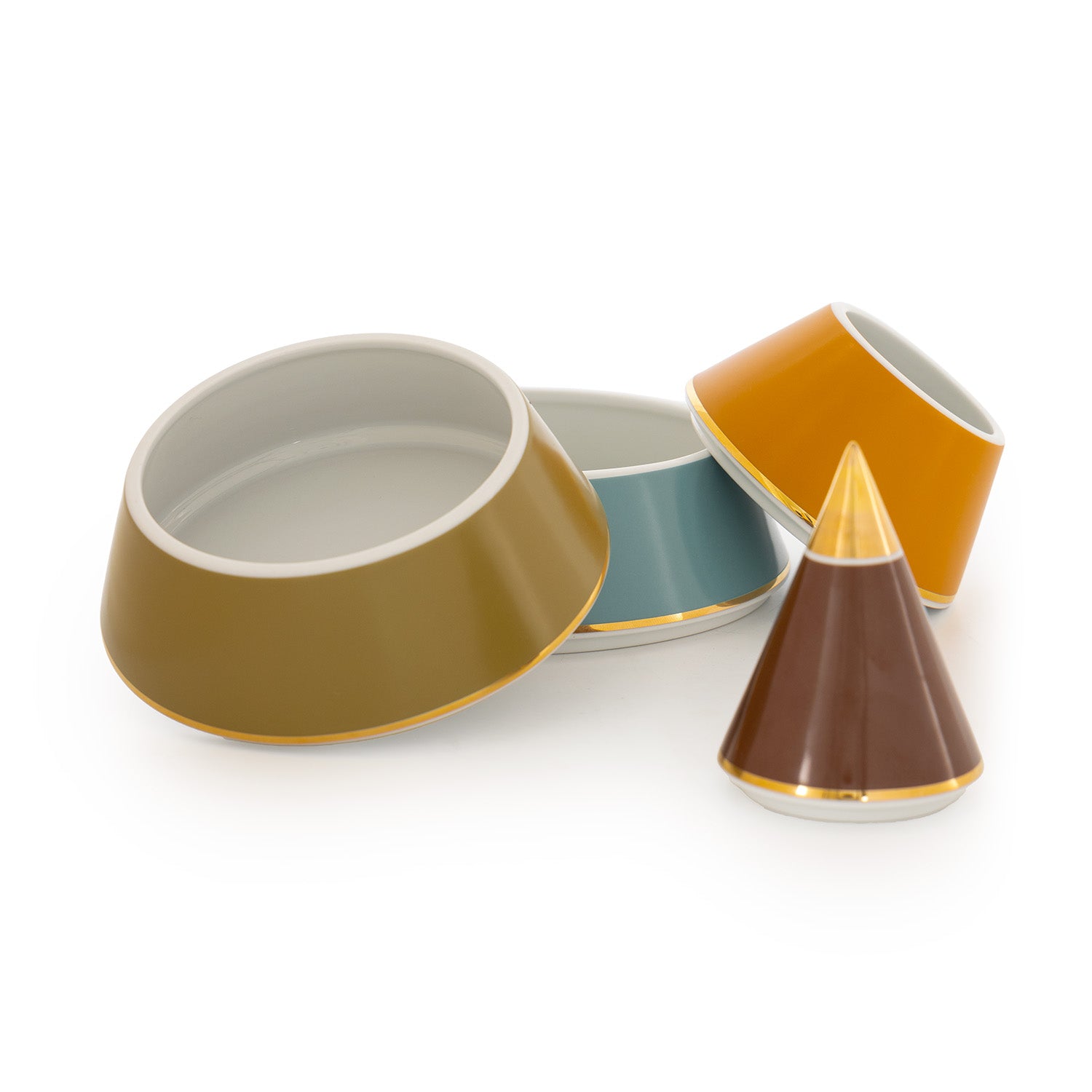 A multicoloured porcelain jewellery pyramid with gold-plated details, featuring layers of brown, green, blue and mustard yellow separated into different blocks.