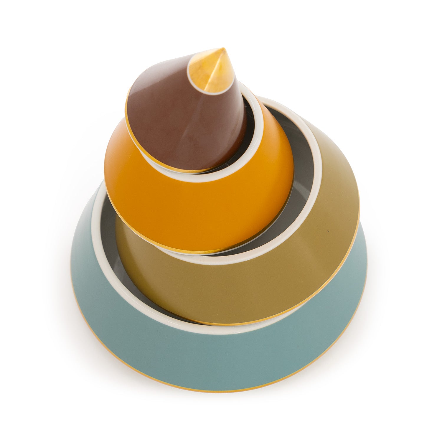 A multicoloured porcelain jewellery pyramid with gold-plated details, featuring layers of brown, green, blue and mustard yellow separated into different blocks.