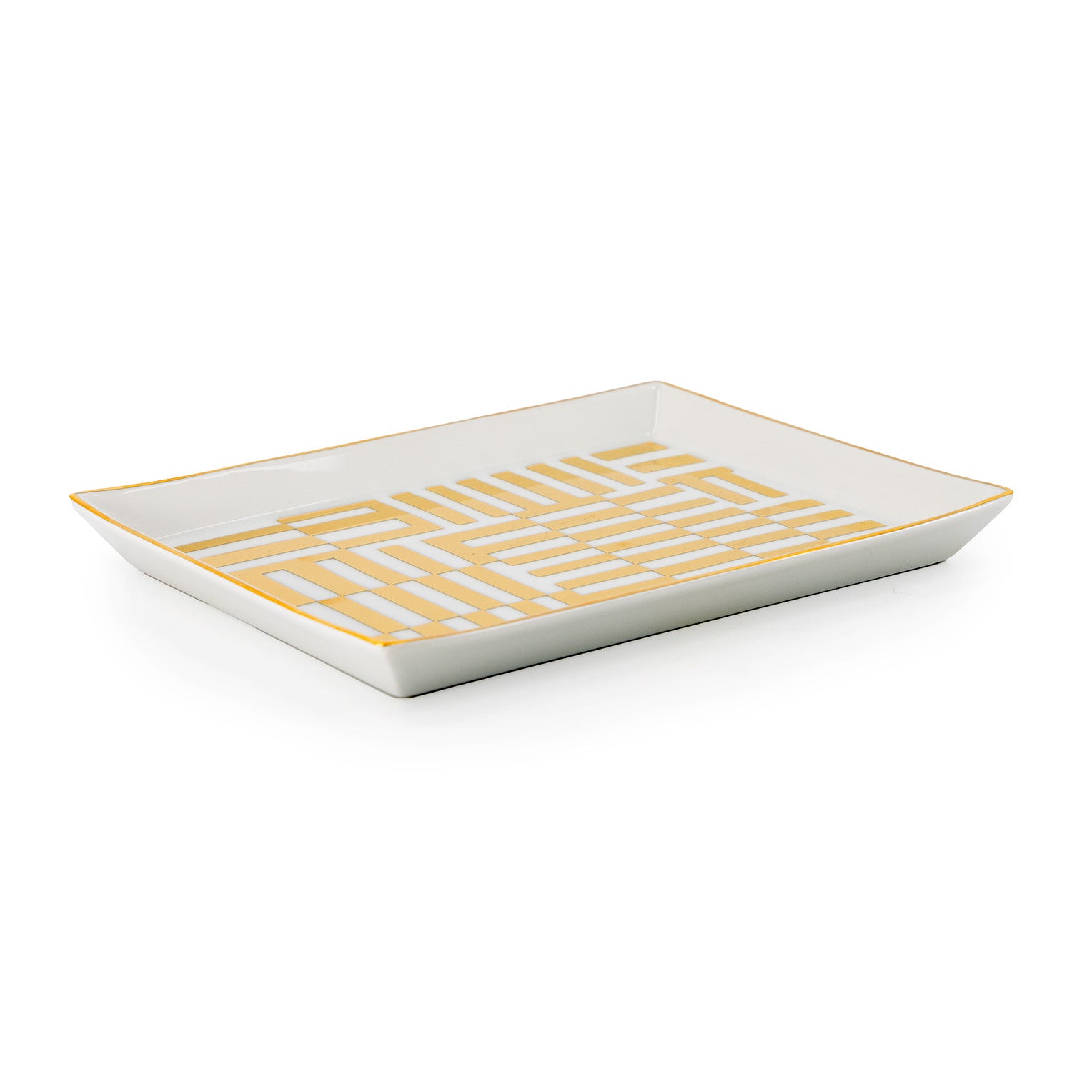 A white porcelain tray with an abstract gold pattern, seen in profile.