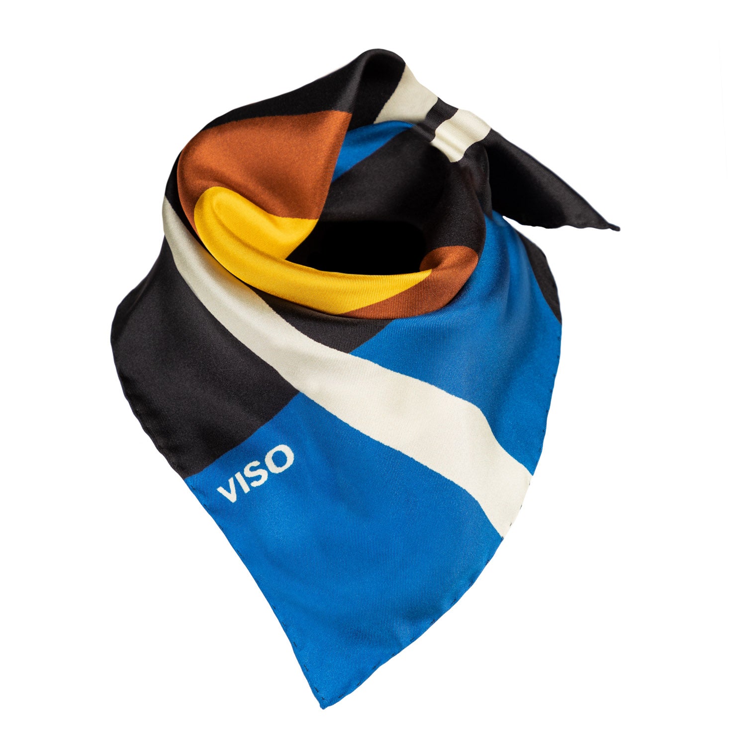 A multicolored silk scarf with geometric patterns, featuring different colors such as black, red and blue, and the 'VISO' brand logo.