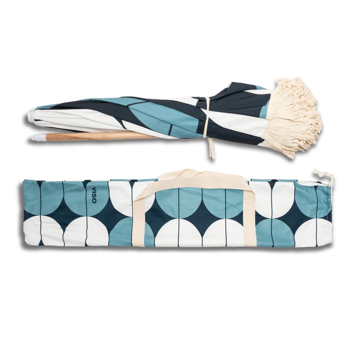 A blue beach umbrella, folded up and placed next to the canvas bag in which it can be stored