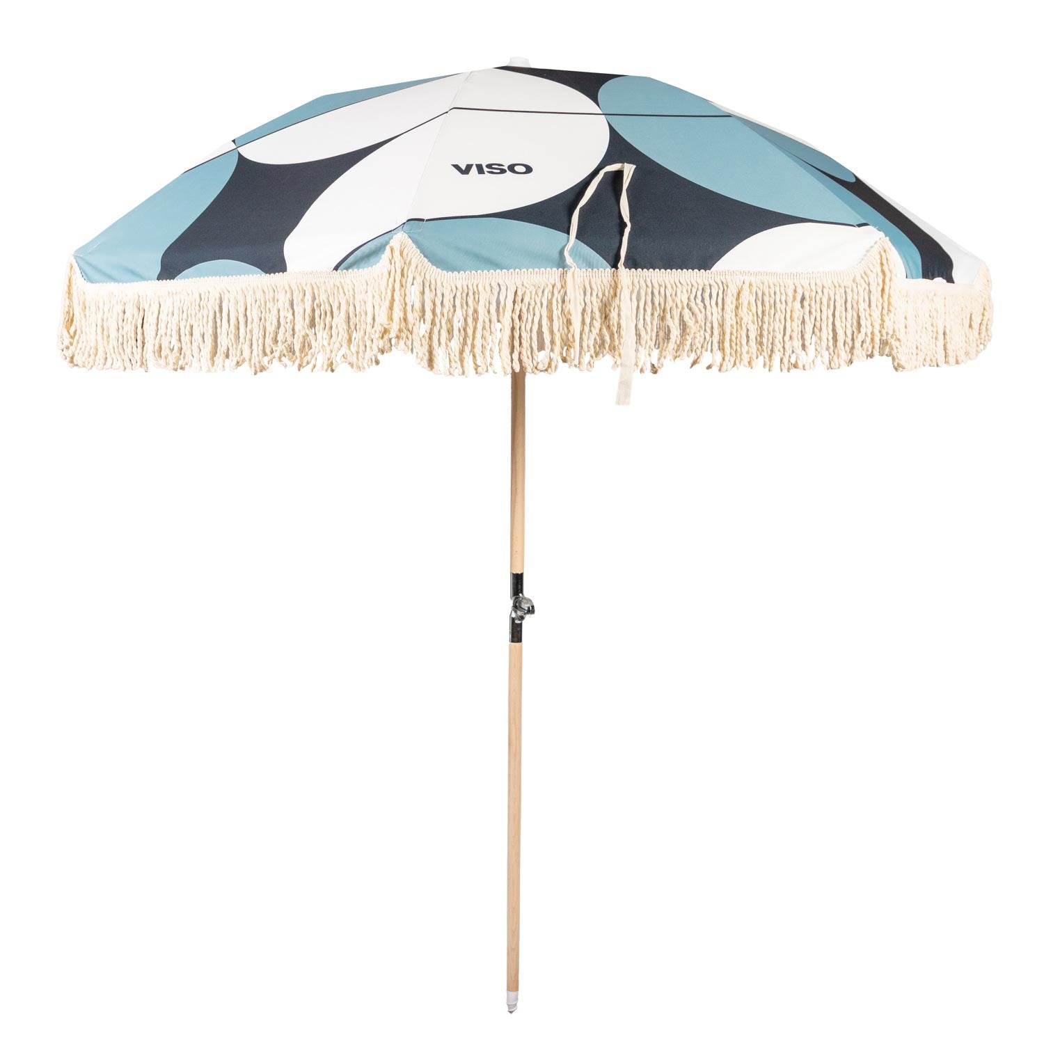A resort umbrella with a geometric pattern in blue, navy, and white colors, featuring a wooden pole and aluminum connector, and tassels on the canopy.