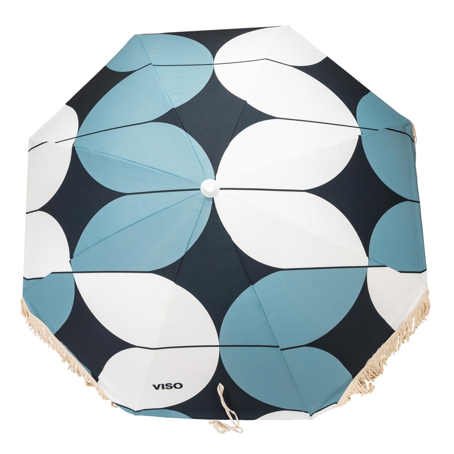 A resort umbrella with a geometric pattern in blue, navy, and white colors, view from above