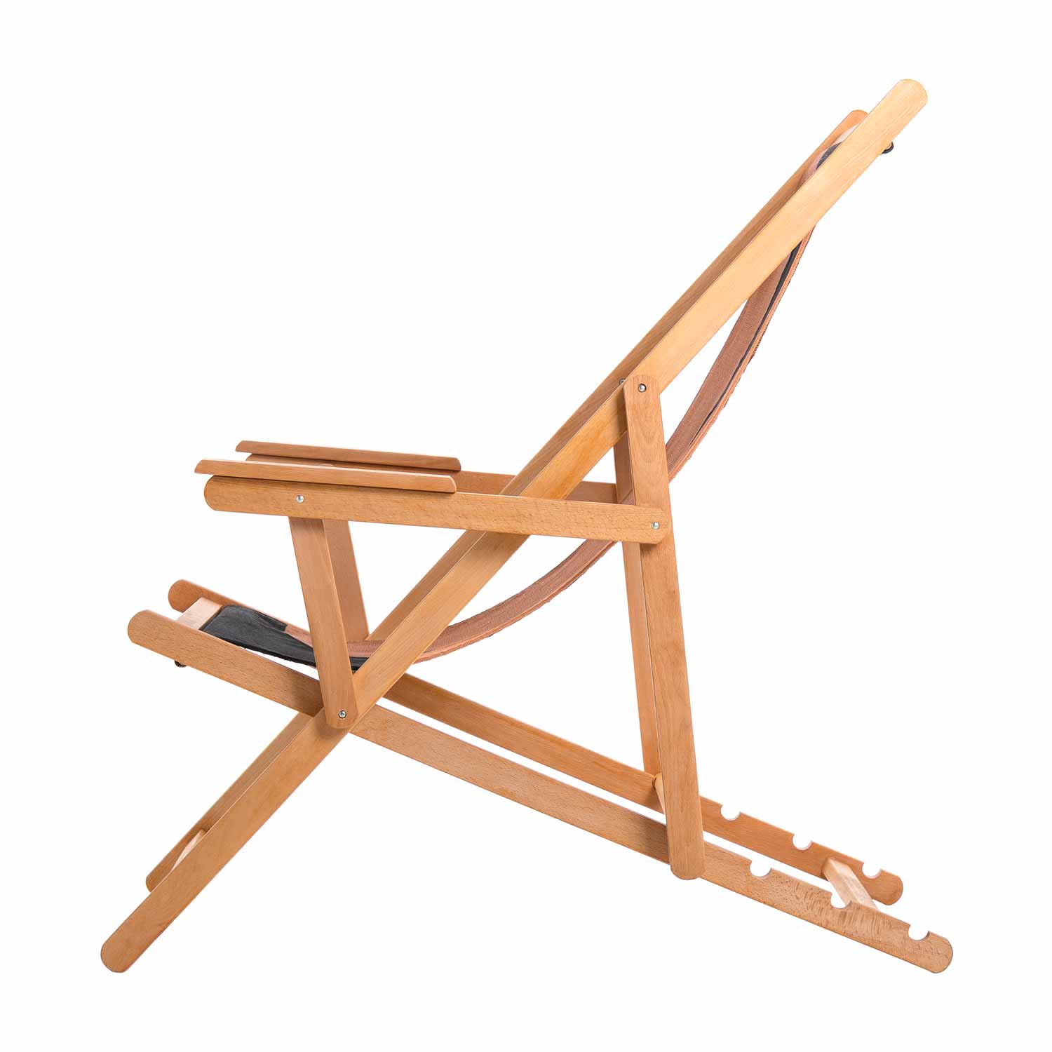 A folding beach chair with brown, orange, and black cotton tapestry backrest and seat, made of teak wood