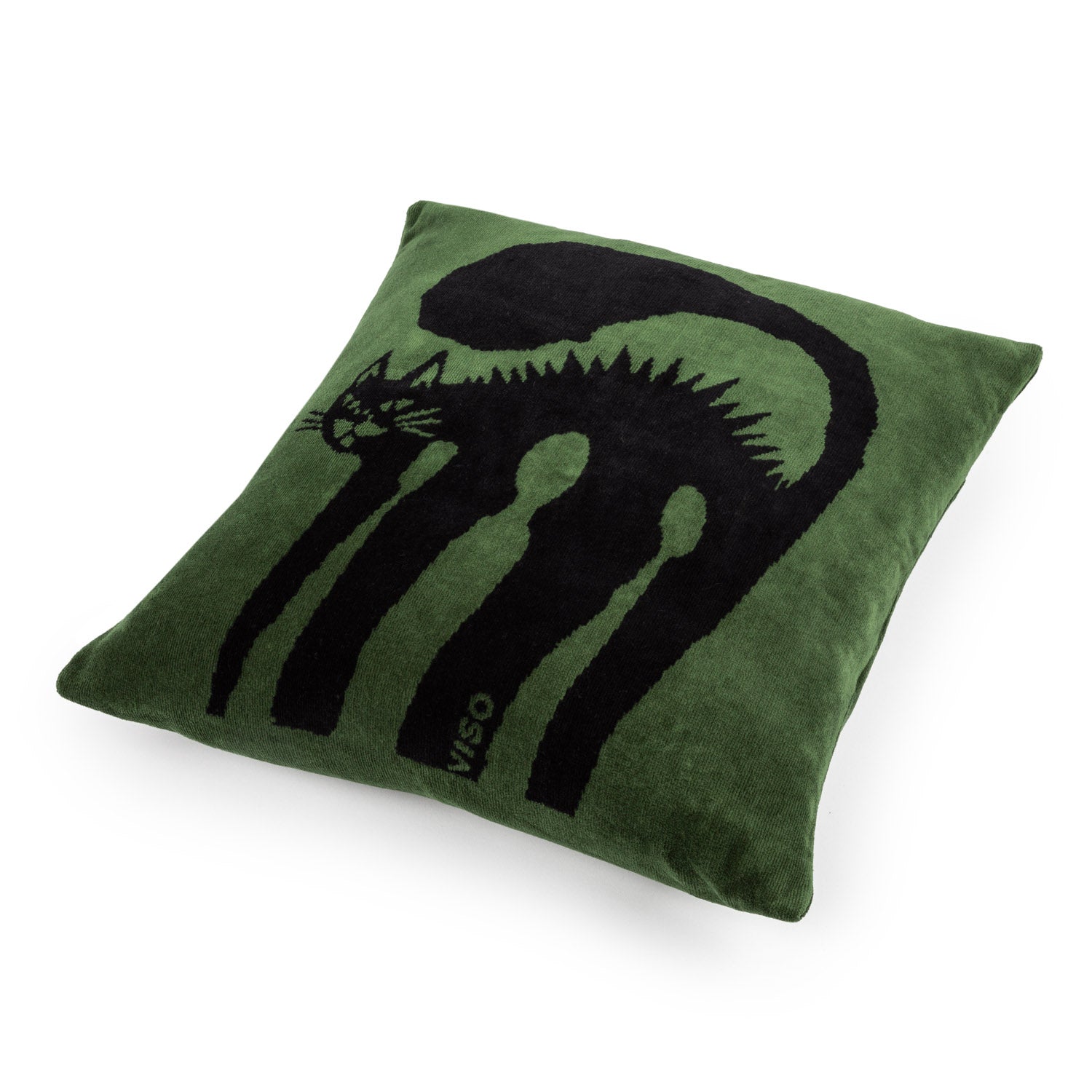A rectangular green beach pillow with a silhouette of a cat in black.