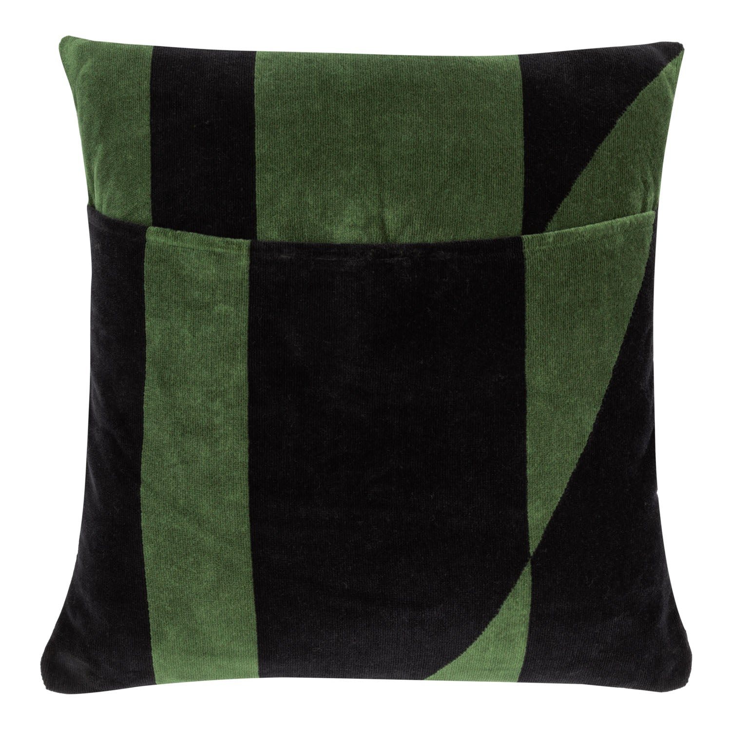 A rectangular beach back pillow with bold geometric stripes in green and black colors, made of dark olive terrycloth with a velvet finish.