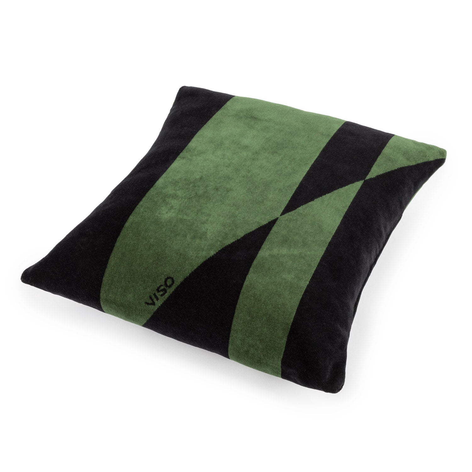 A rectangular beach pillow with bold geometric stripes in green and black colors, made of dark olive terrycloth with a velvet finish.