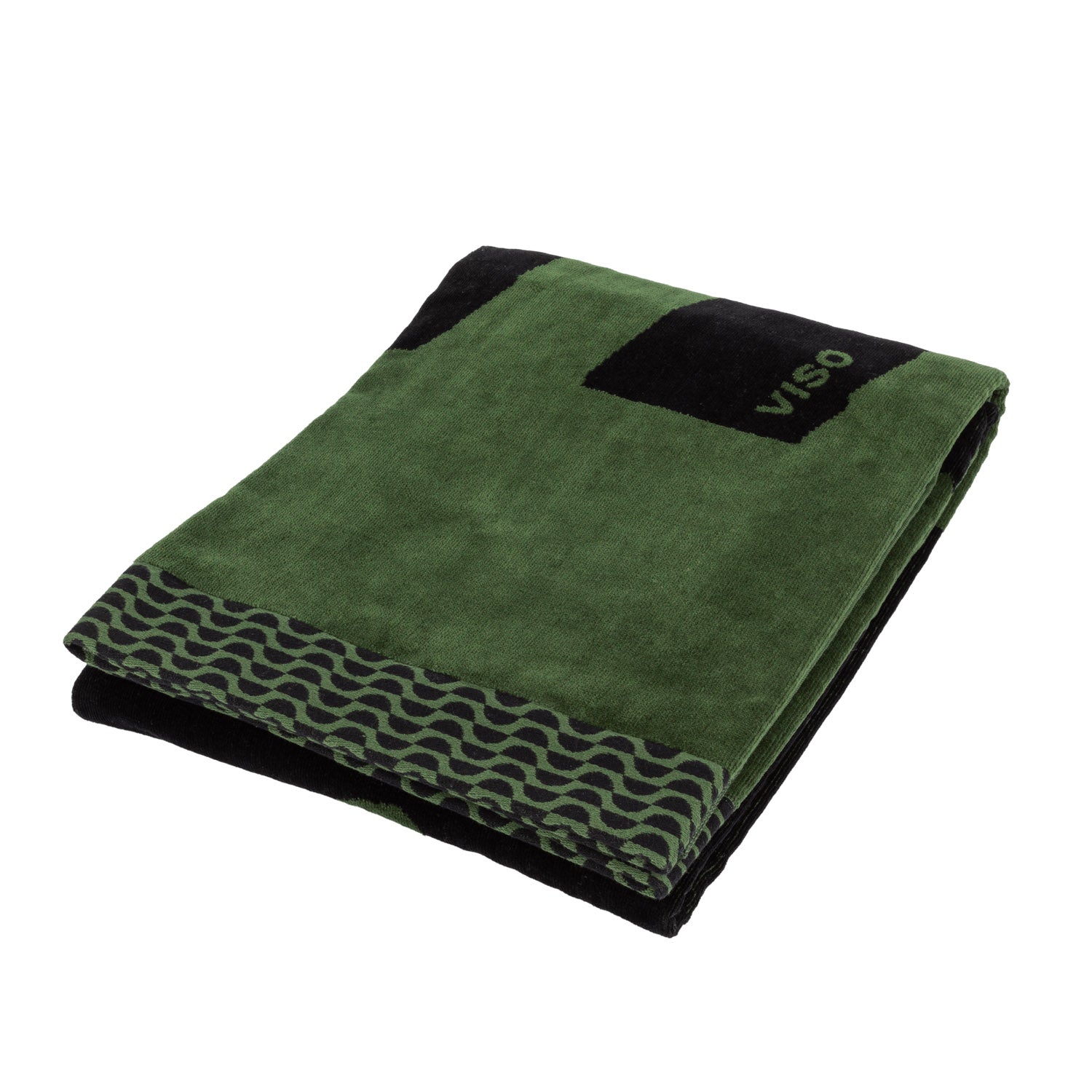 A woven dark olive green and black beach towel with a plush topside and highly absorbent underside.