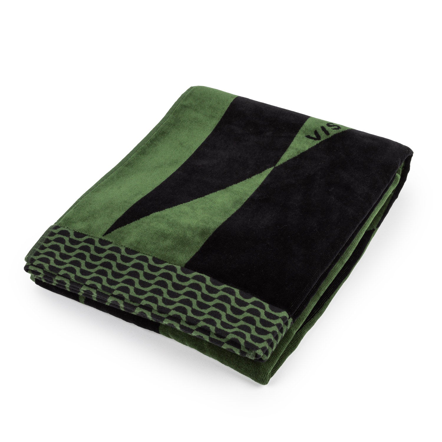 A woven dark olive green and black geometric patterned beach towel with a plush topside and highly absorbent underside.