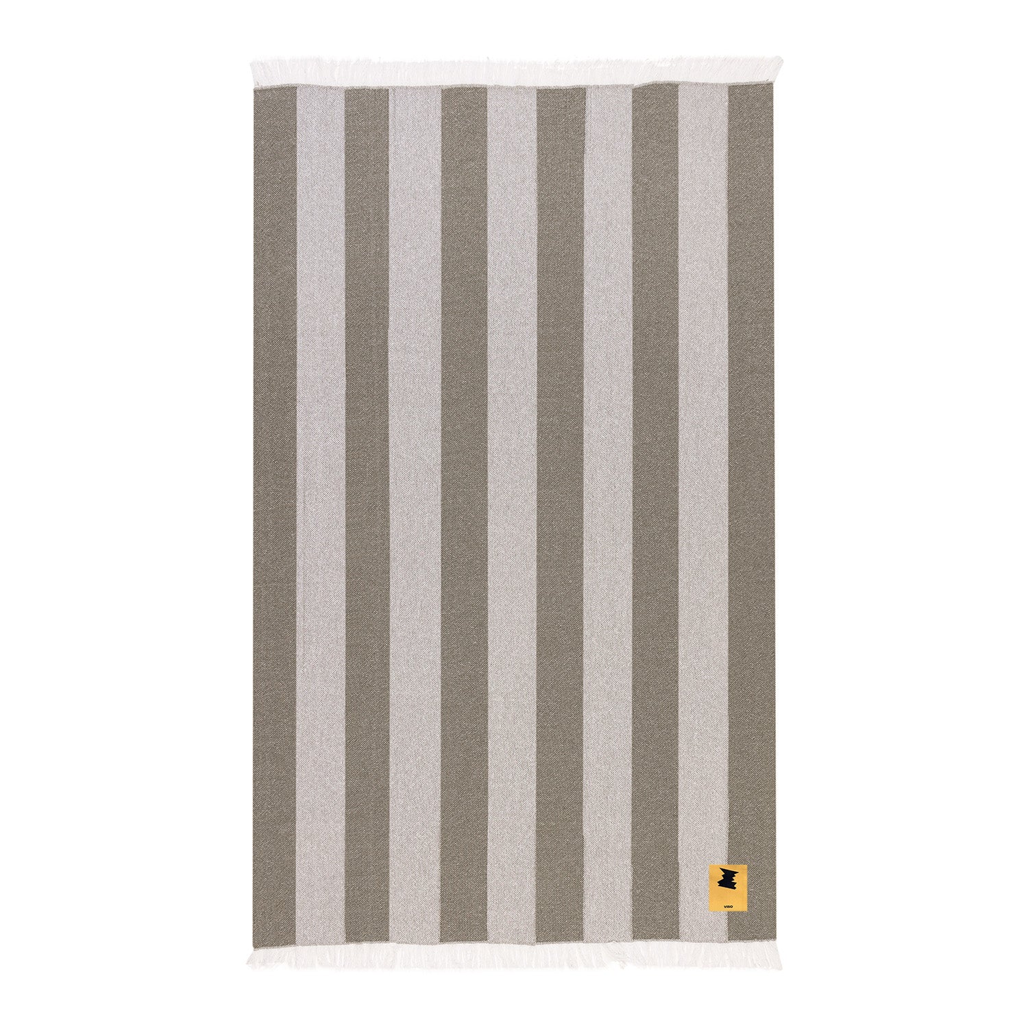 Striped gray and white towel with a brand label on a white background
