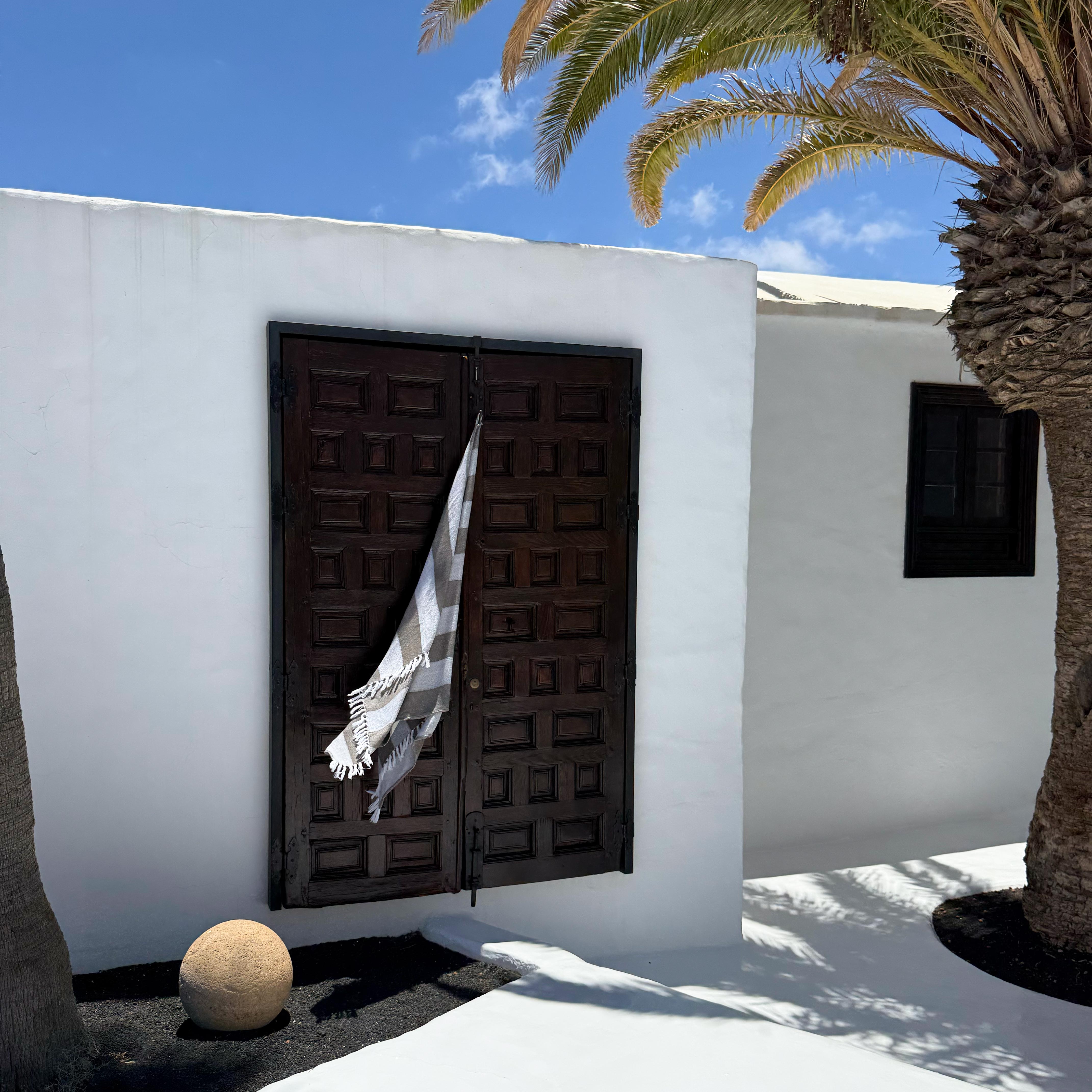 White wall with a dark wooden door and palm trees under a blue sky.