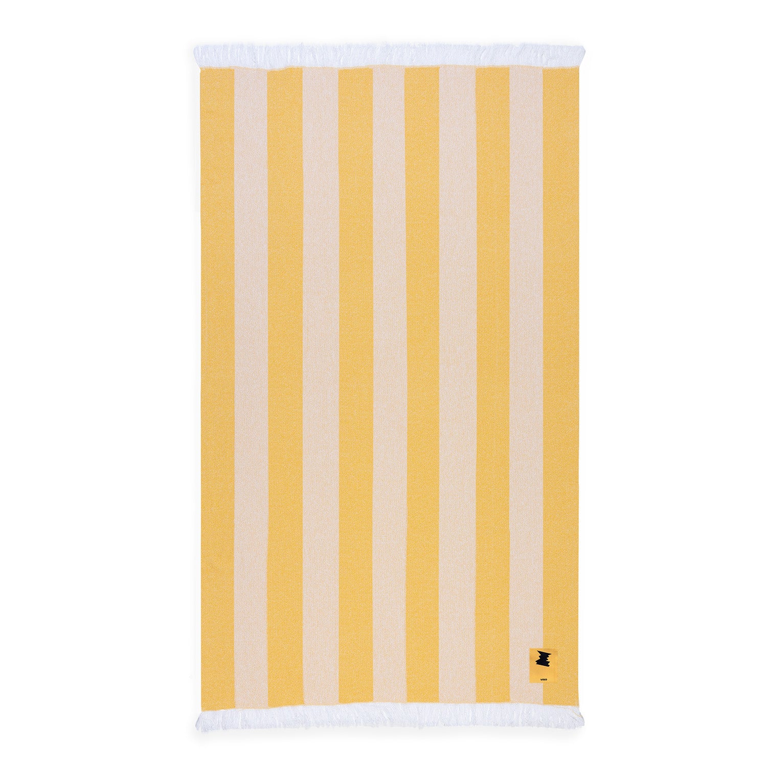 Striped towel with yellow and white vertical stripes on a white background