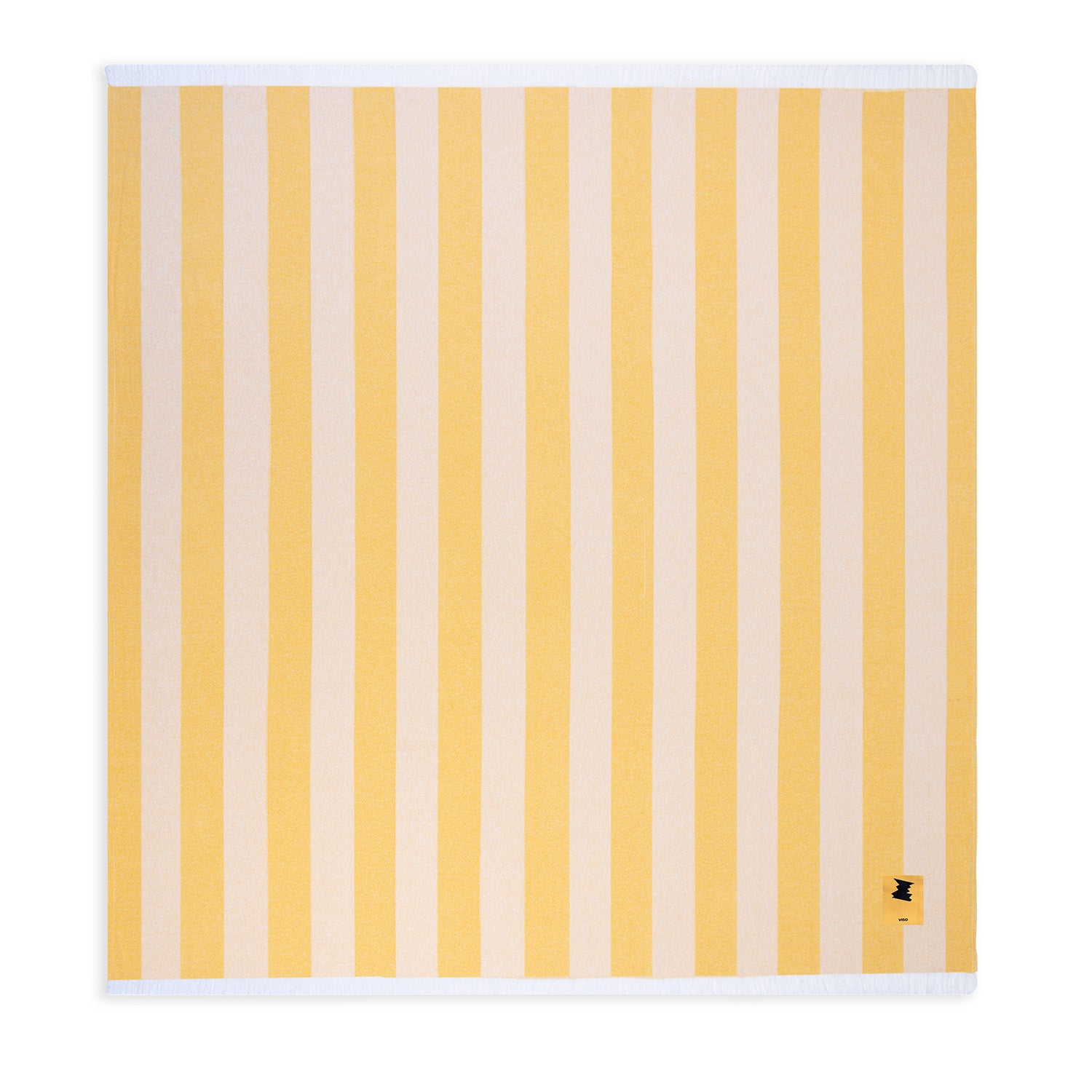 Striped towel with yellow and white vertical stripes on a white background