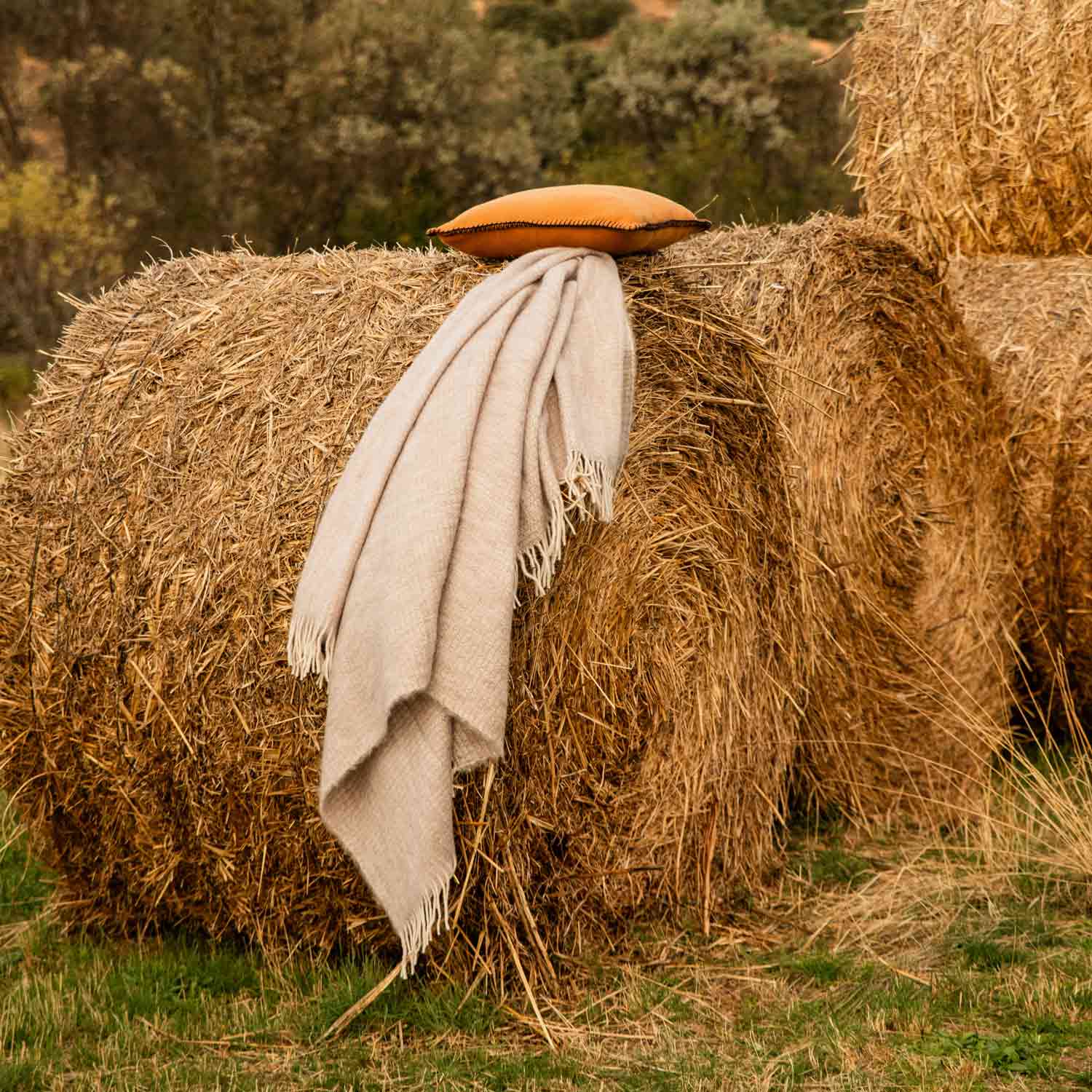 A camel-coloured merino pillow and a mohair blanket on the hay in the countryside.