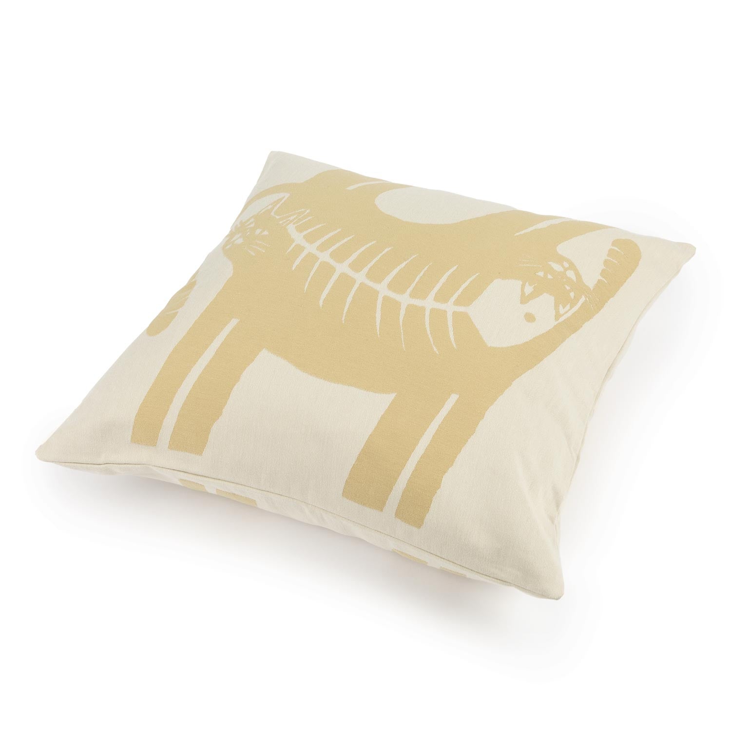 A pillow featuring a pattern of cats and fish in beige and cream.
