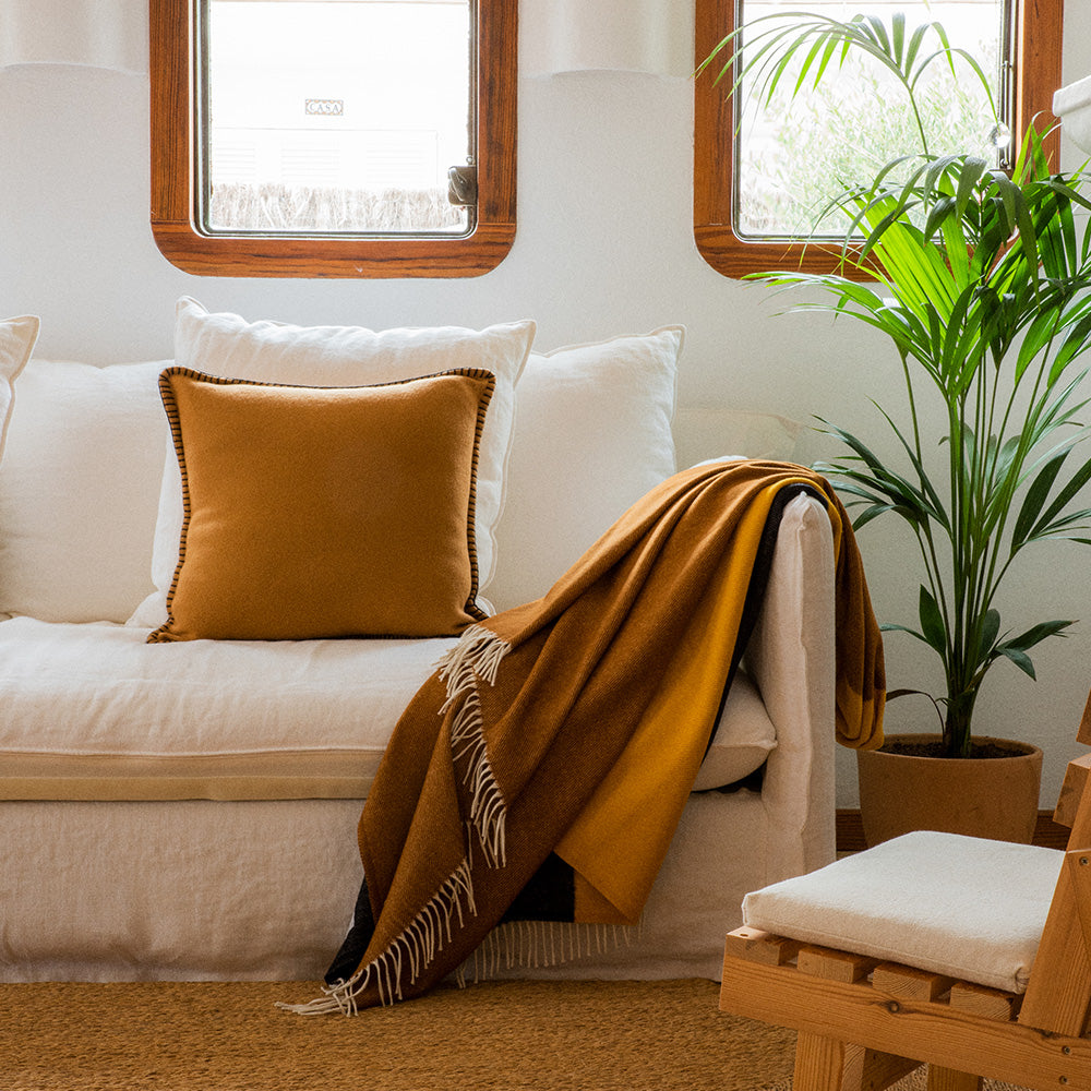 A living room with a sofa, on which there is a cushion and a merino blanket in black and camel, with a plant beside it.
