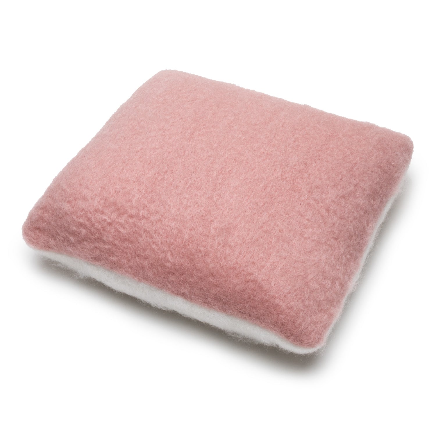 A soft pink Mohair pillow with a plush texture, displayed against a white background.