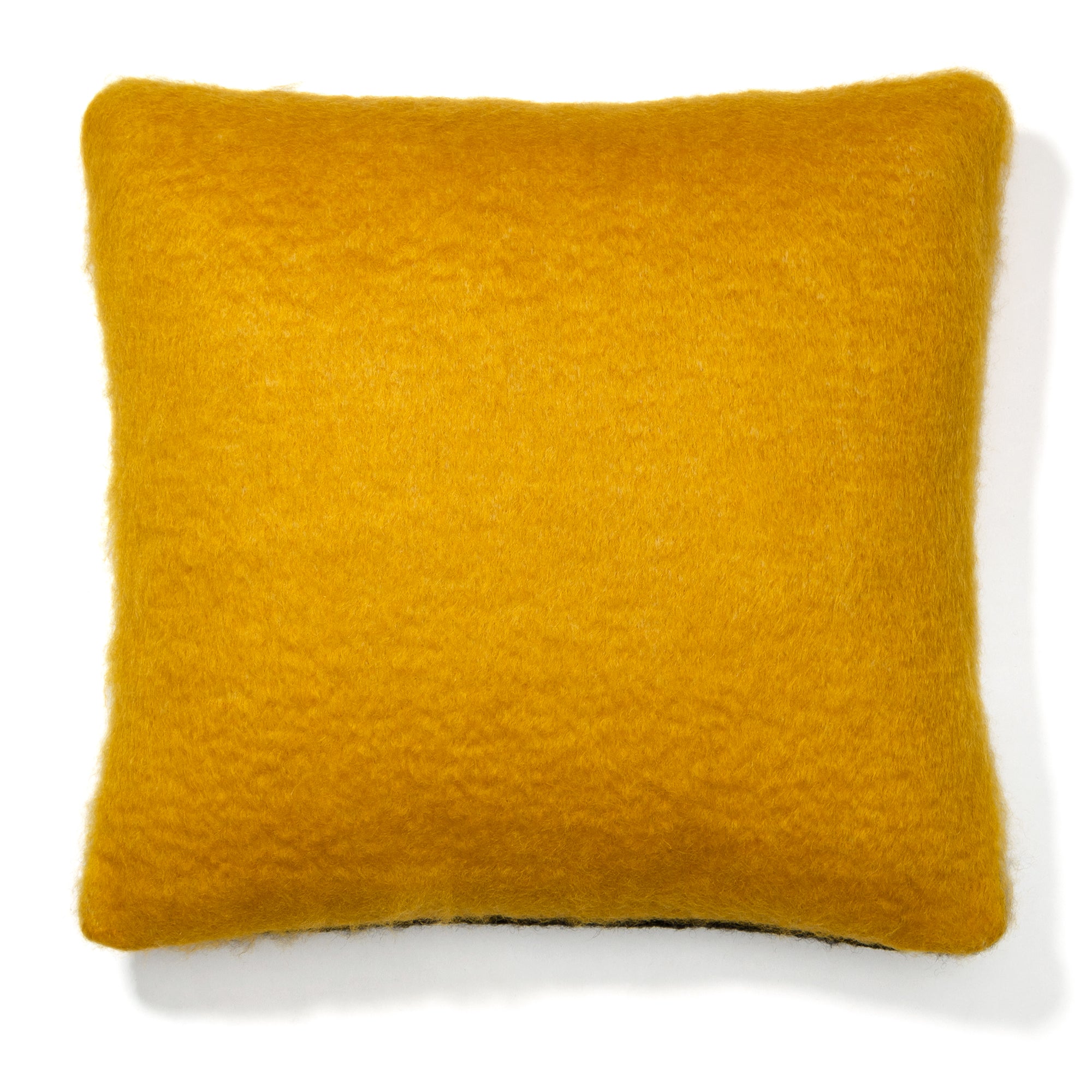 A square-shaped mohair pillow mustard yellow.