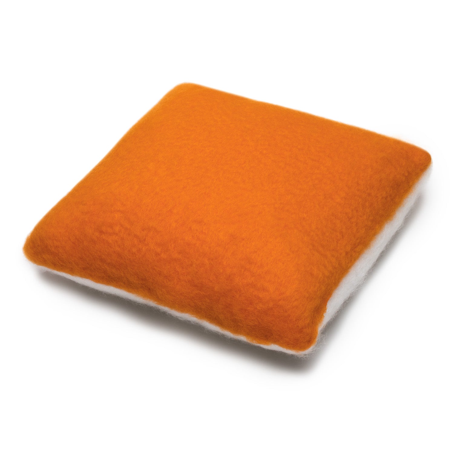 A square-shaped orange pillow without a visible pattern or design, displayed against a white background.