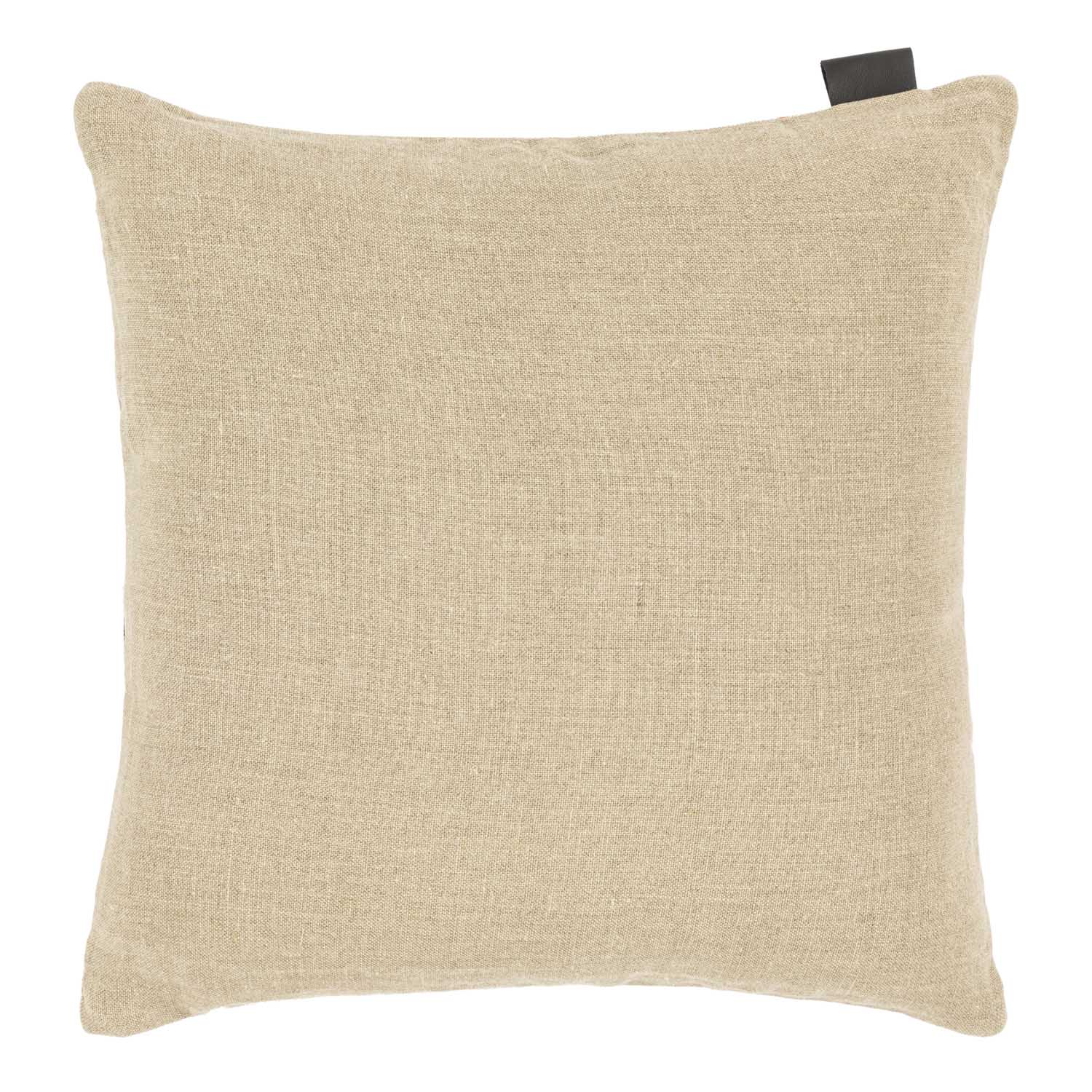 The back of a beige linen pillow.