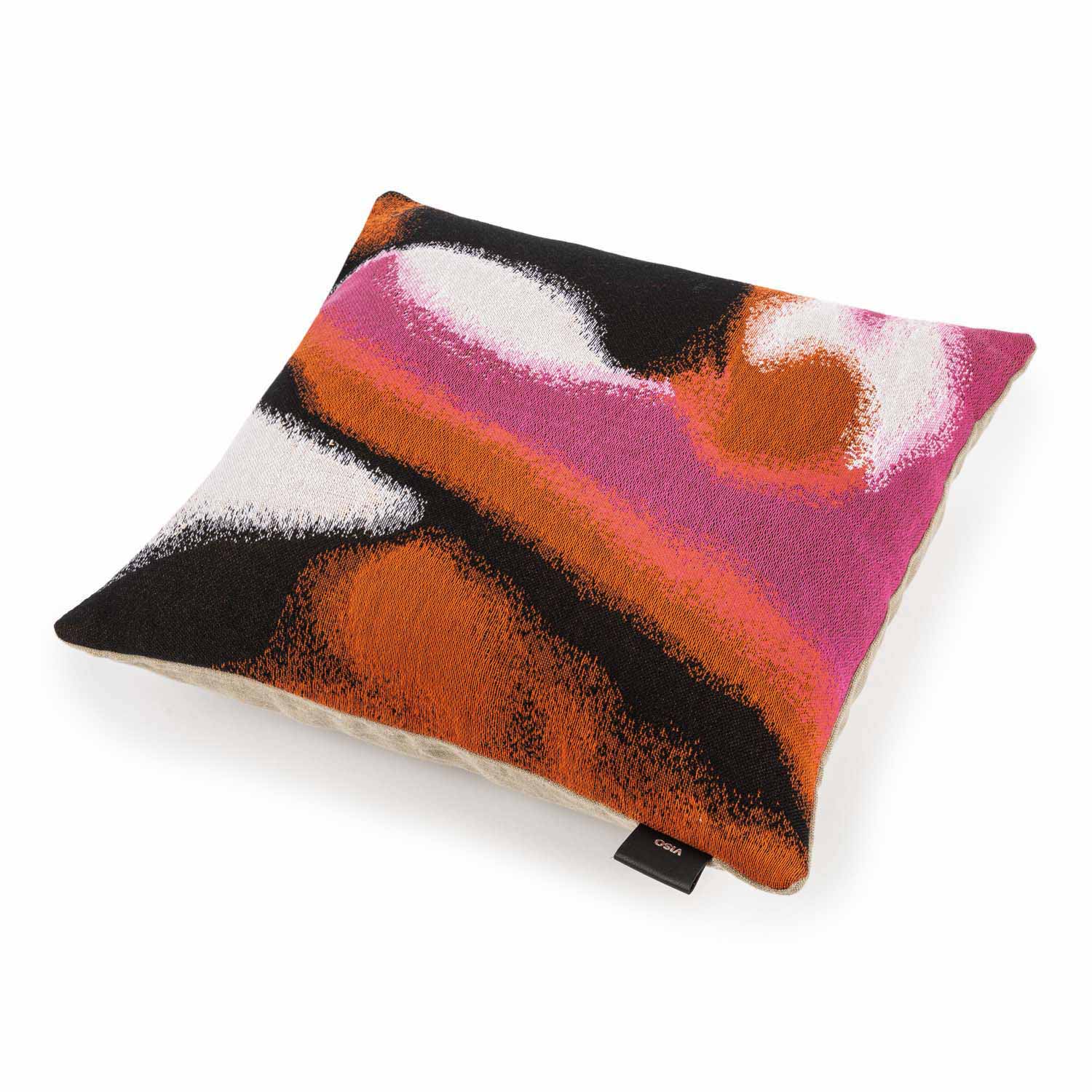 A square-shaped tapestry pillow with an abstract design in pink, orange, black, and white colors.
