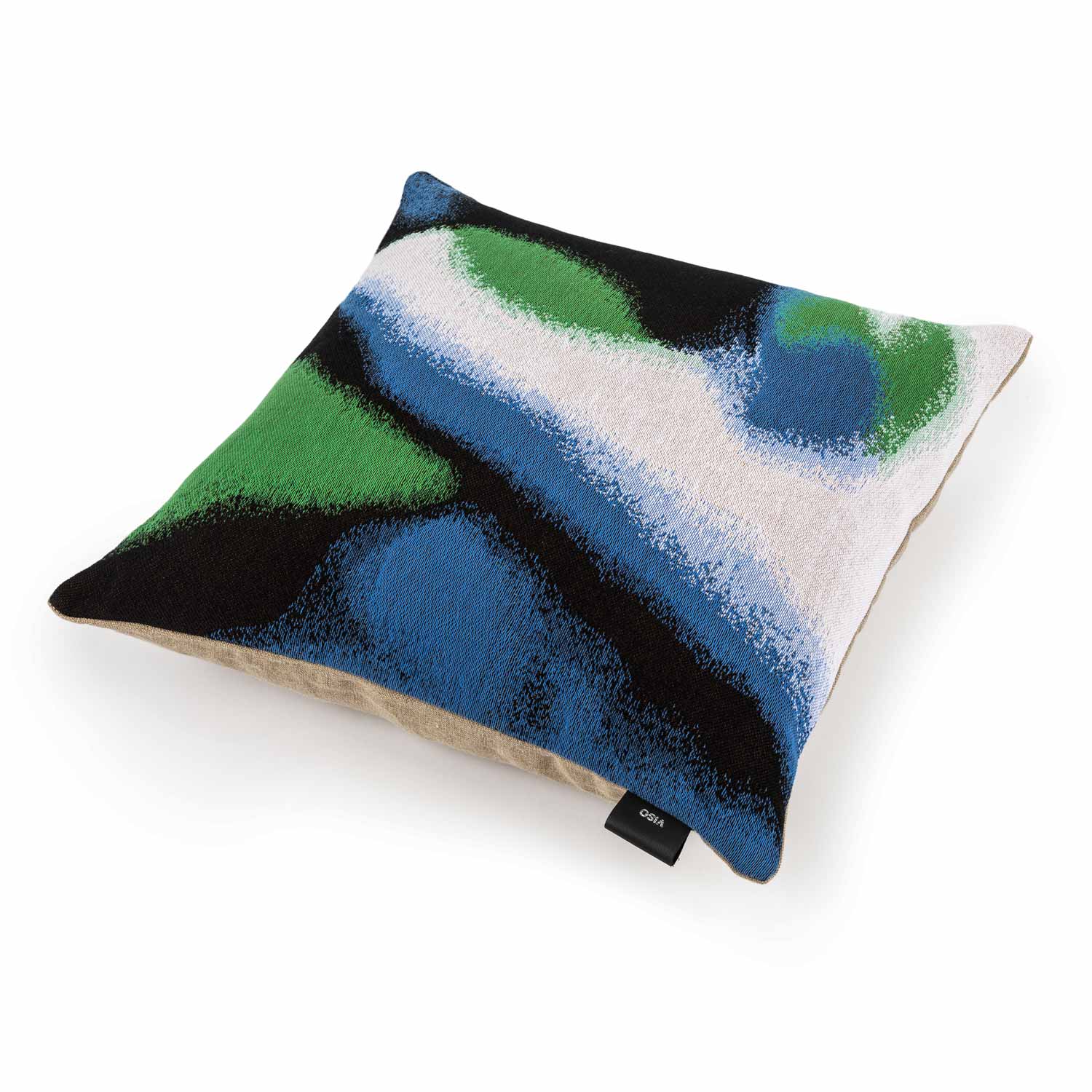A square-shaped tapestry pillow with an abstract design in blue, green, black, and white colors.