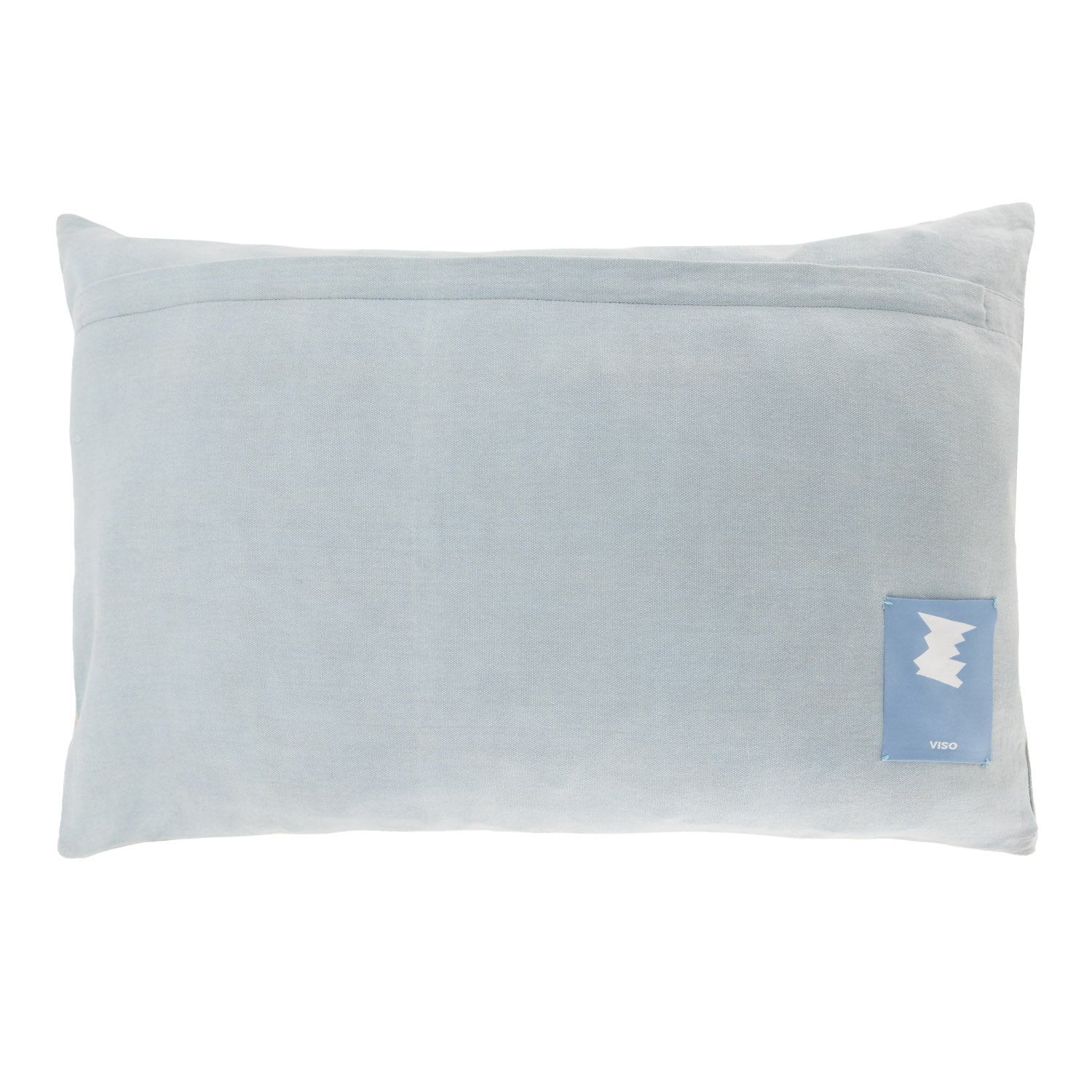 Gray pillow with a blue label on a white background