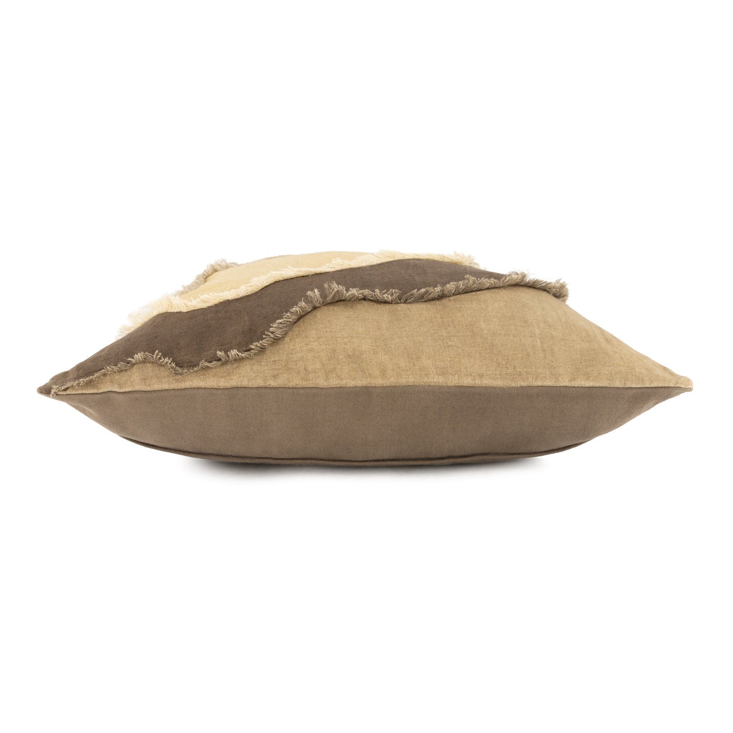 Green, brown and cream color linen botanical pillow with on a white background