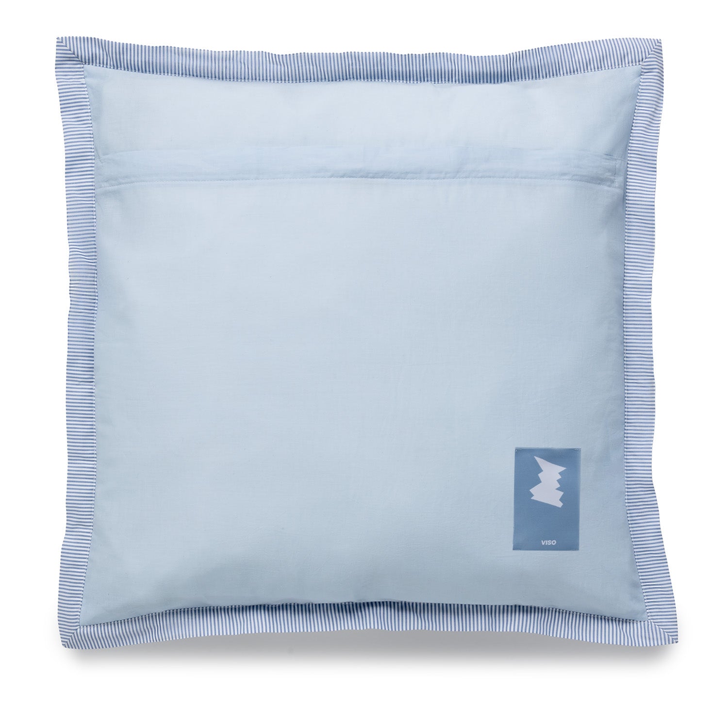 Light blue pillow with striped edge and brand logo on a white background