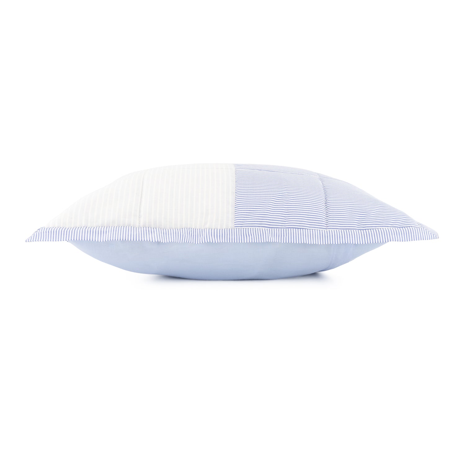 Decorative pillow with blue and white striped pattern on a white background