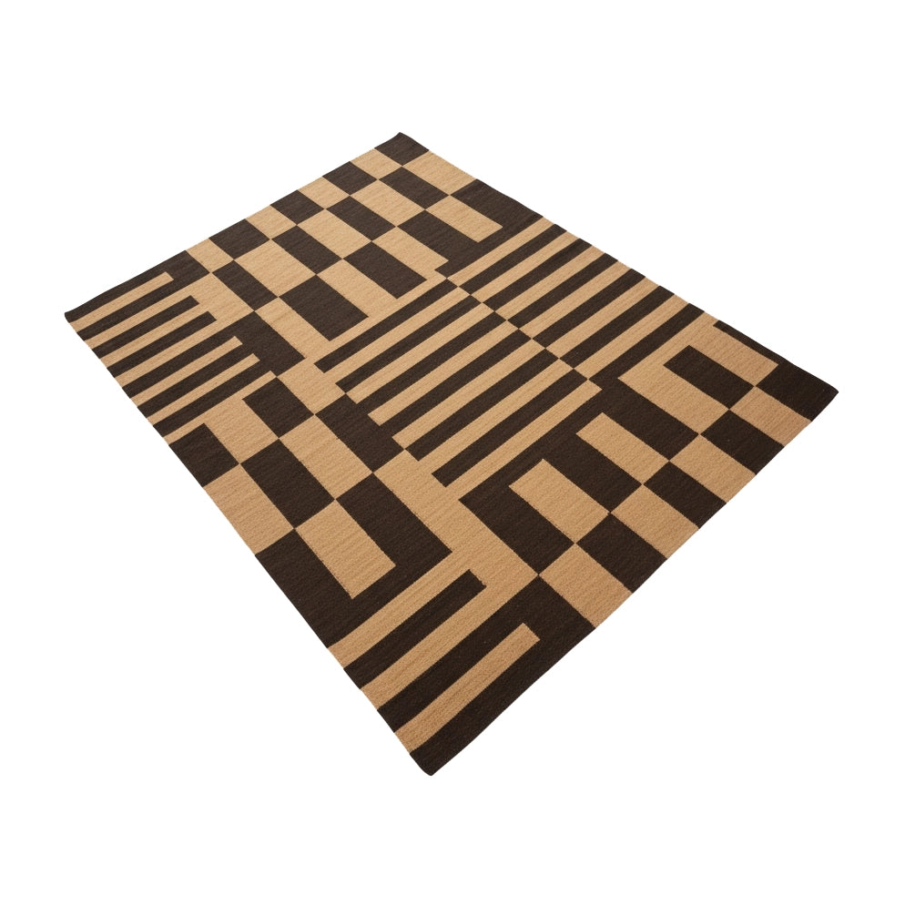 Checkered rug with brown and beige pattern on a white background