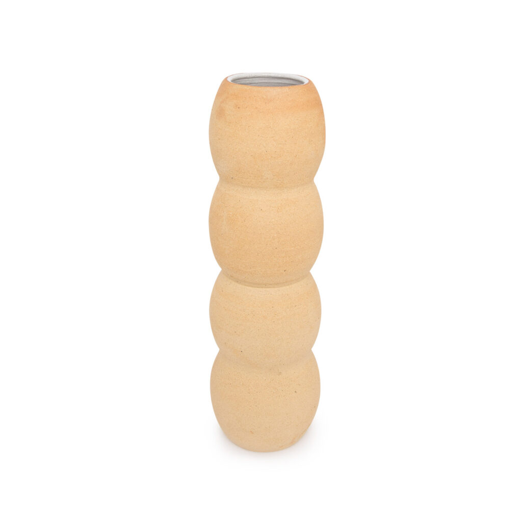 Multiesferico sand matte ceramic vase with white glaze finishing on the inside, crafted in Spain, on white background.