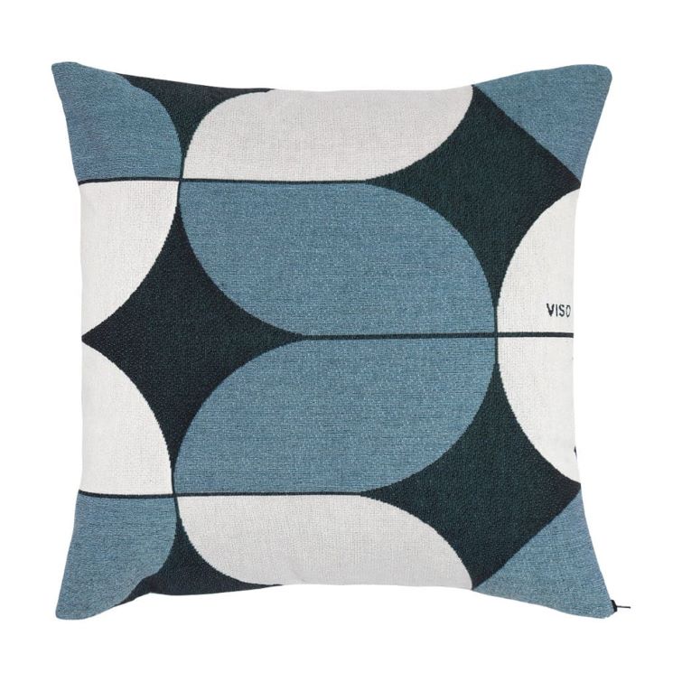 tapestry cotton jacquard white, navy and blue pillow on white background